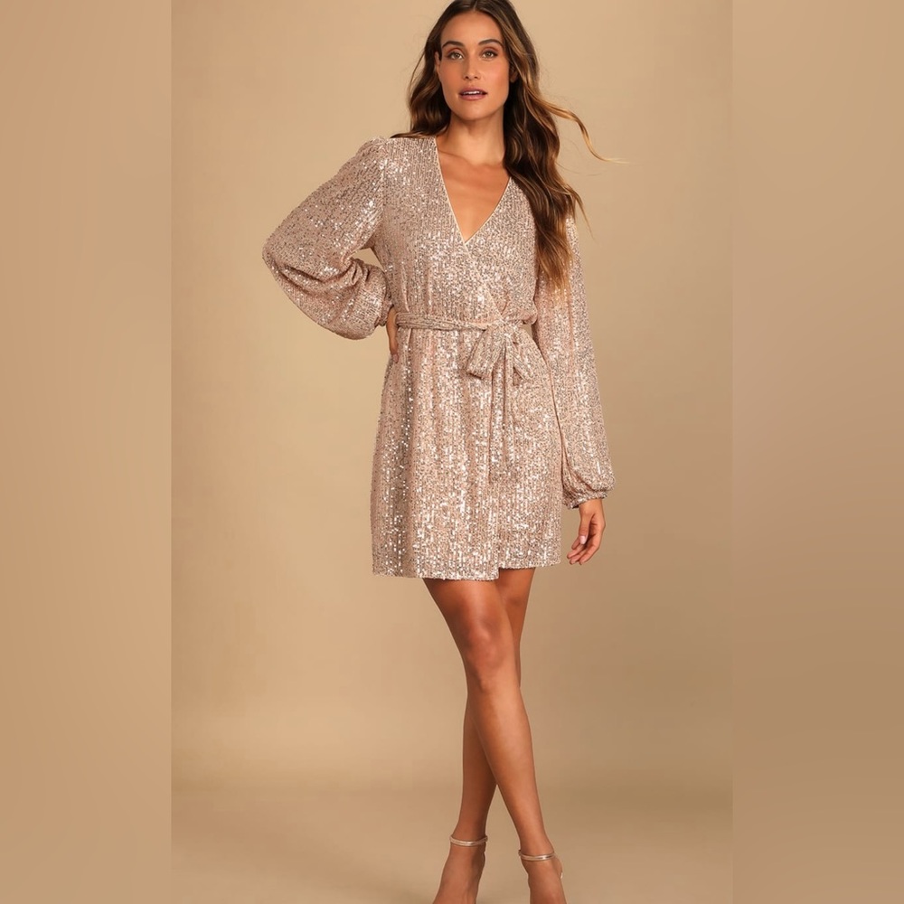 Sparkly Darling Rose Gold Sequin Long Sleeve Wrap Dress